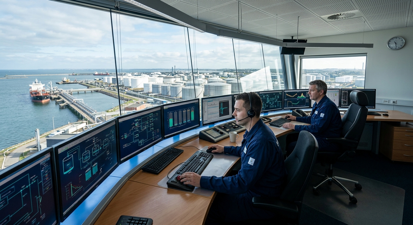 Terminal control room with operators monitoring tank levels