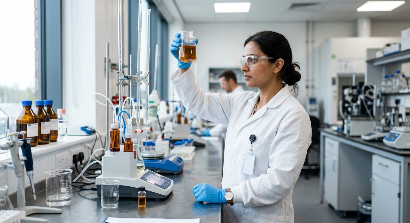 Laboratory technician testing a fuel sample