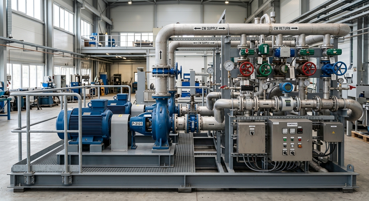 Industrial pumps, valves and flow meters on a skid